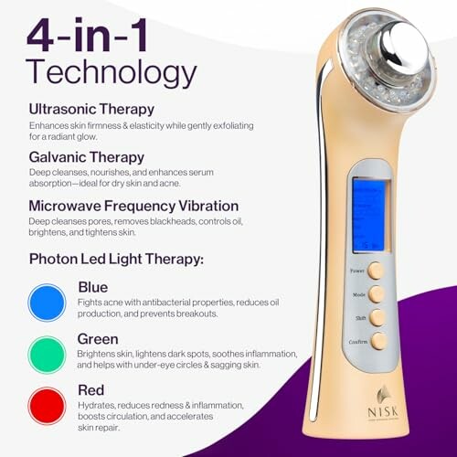 4-in-1 beauty device with ultrasonic therapy, galvanic therapy, microwave vibration, and photon LED light therapy.