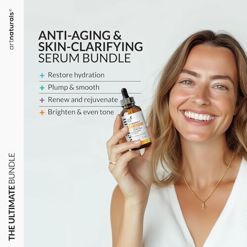 Woman holding anti-aging serum with benefits listed.
