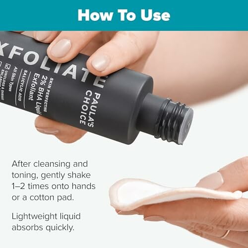 Instructions on how to use exfoliant with bottle and cotton pad.
