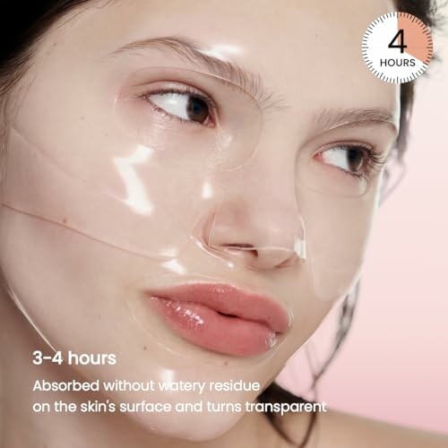 Woman wearing a transparent face mask with text about absorption time.