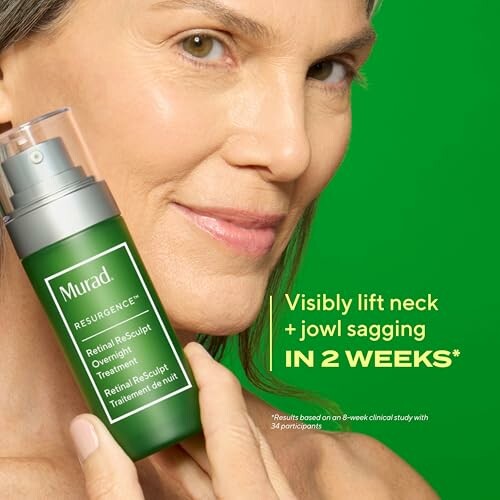 Woman holding Murad Retinol Resculpt treatment with visible results claim
