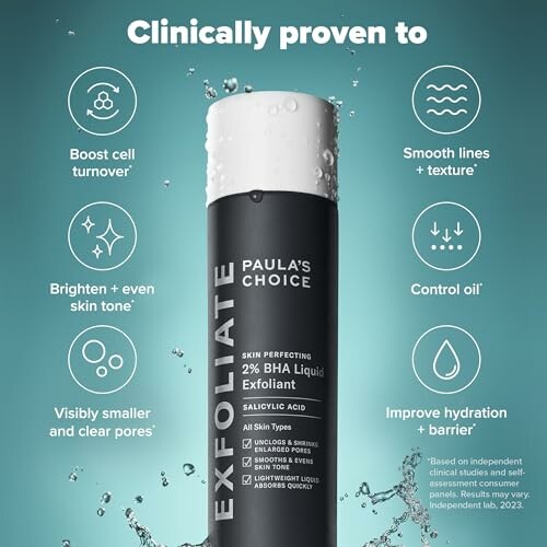Paula's Choice 2% BHA Liquid Exfoliant with skincare benefits listed.