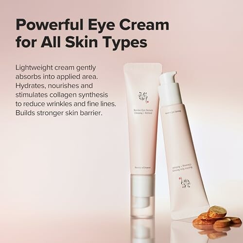 Two tubes of eye cream with text describing benefits for all skin types.