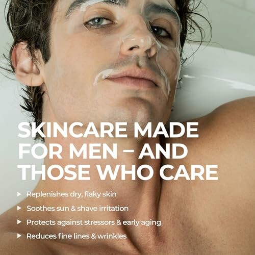 Man with skincare product on face, promoting skincare benefits.