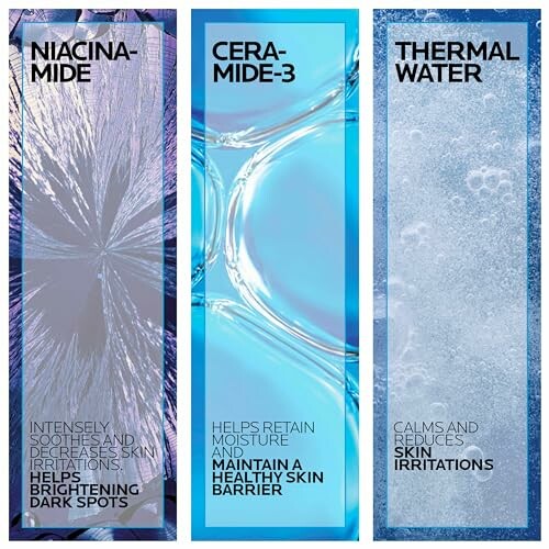 Three skincare ingredients: Niacinamide for soothing and brightening, Ceramide-3 for moisture retention and barrier health, Thermal Water for calming skin irritations