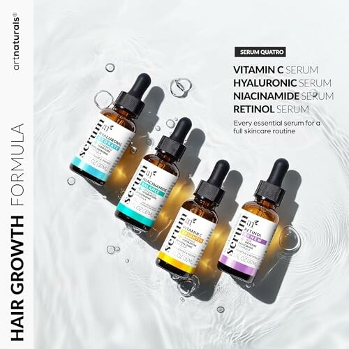 Four skincare serum bottles labeled Vitamin C, Hyaluronic, Niacinamide, and Retinol on a light background.
