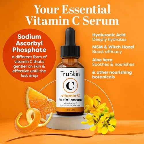 Advertisement for TruSkin Vitamin C Serum with ingredients listed.